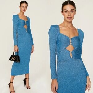 Self-Portrait Blue Metallic Knit Midi Dress in Size Small
